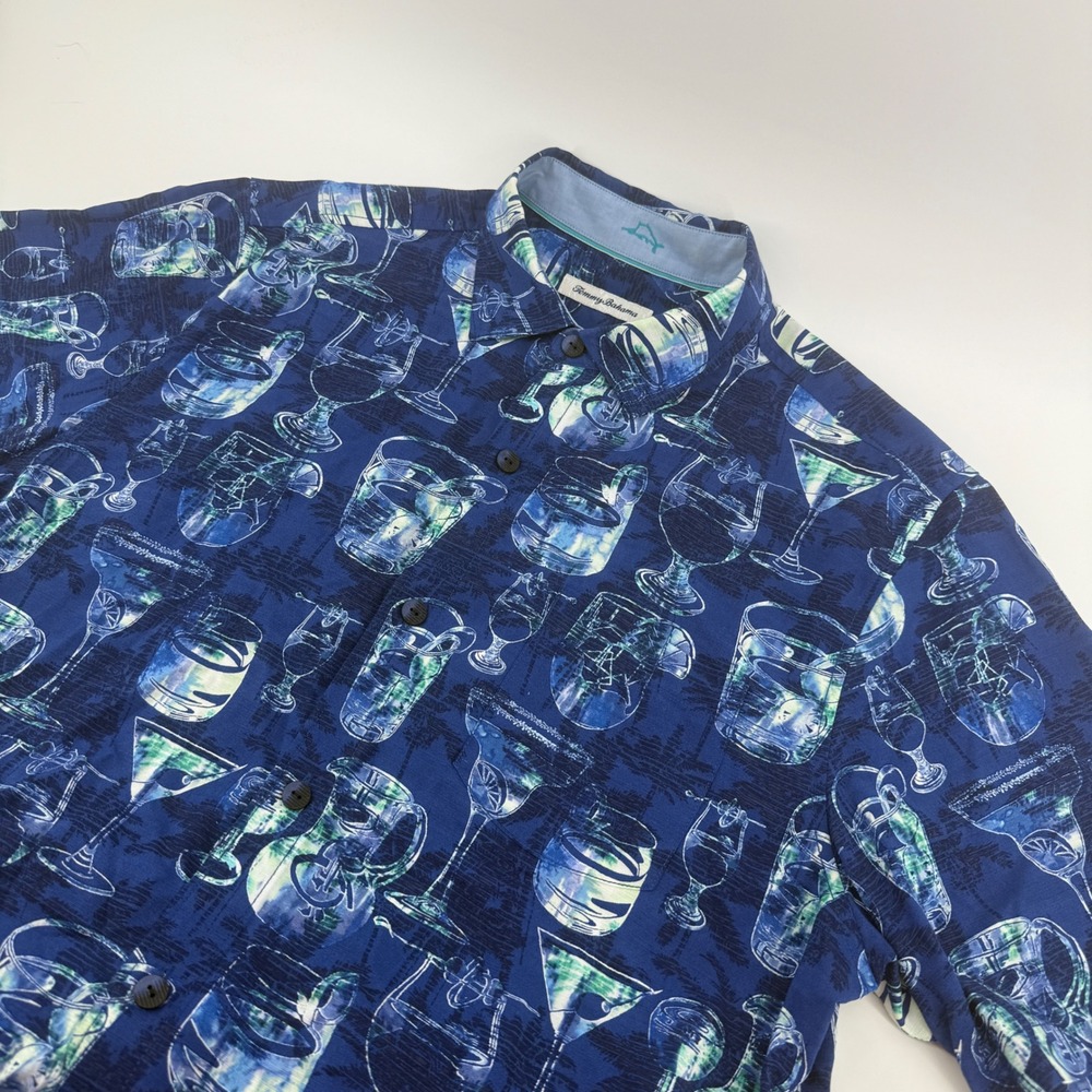Tommy Bahama Mens L Blue Cocktail Glass Print Ecovero Viscose Shirt Short Sleeve